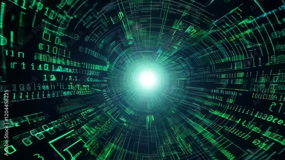 Poster digital data stream tunnel with futuristic green glowing lines and light portal