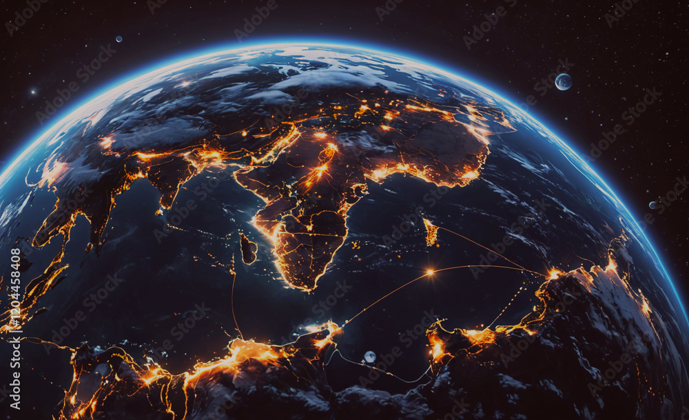 Poster a globe with a dark blue background and a bright orange and yellow spot in the middle. the globe is 
