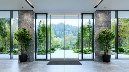 Modern building entrance with glass doors, marble walls, potted plants, and a view of a lush green landscape.