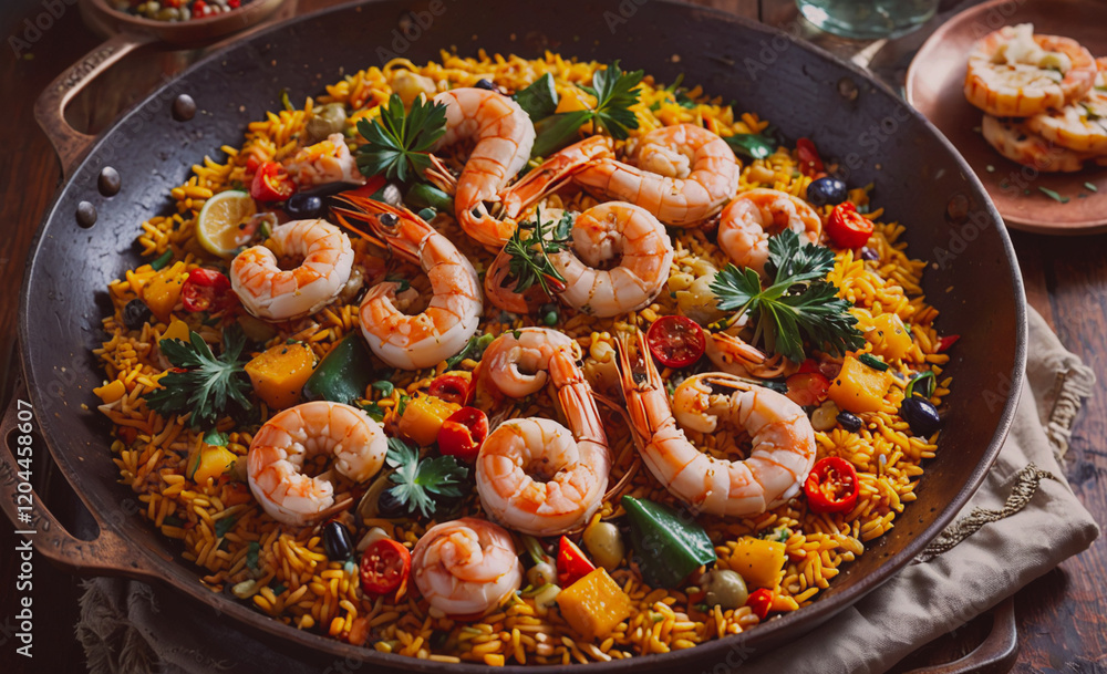 Aufkleber A plate of shrimp and vegetables is served in a large pan. The shrimp are arranged in a way that they are not overlapping each other. The vegetables are scattered around the shrimp, and there are some