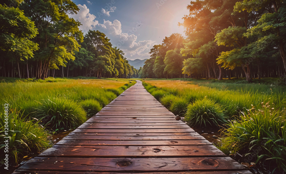 Poster a wooden bridge spans a field of grass. the sun is shining through the trees, casting a warm glow on