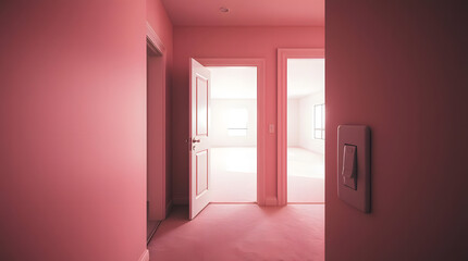 The wall switch is in the bright, contemporary interior. Open the door to the room