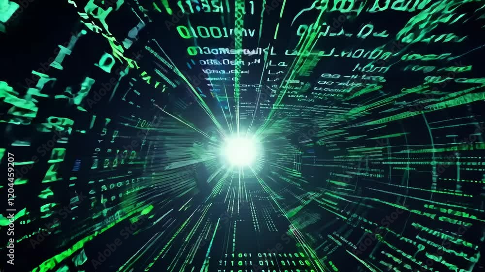Poster abstract digital matrix vortex with dynamic green code spirals and light burst