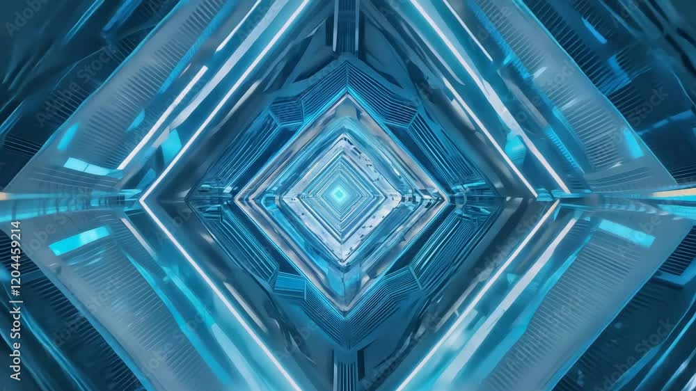 Poster futuristic blue geometric tunnel with symmetrical digital depth and patterns