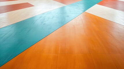 Close-up of a wooden floor with a geometric pattern. the floor is made up of different colors, including orange, turquoise, and white.
