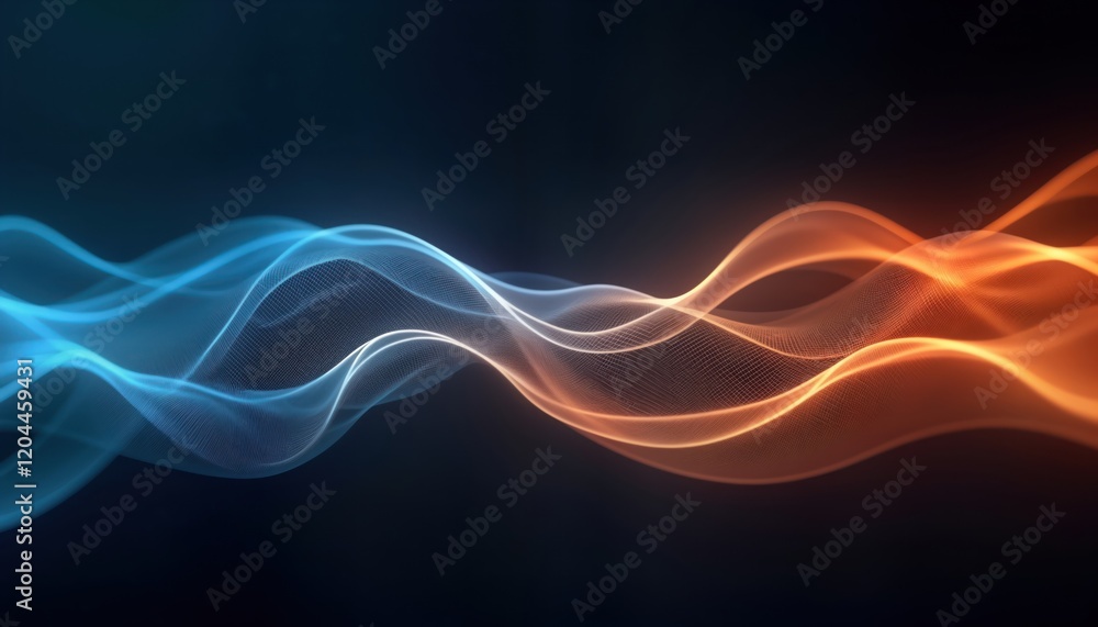 Poster Abstract graphic design. Flowing lines with glowing blue, orange light streaks create dynamic visual motion on dark backdrop. Stylish, vibrant contrast. Modern, futuristic look. Elegant pattern.