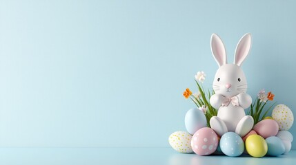 Obraz premium Delicate Easter advertising banner, pastel color scheme, generous top copy space, enriched with playful bunny and egg motifs