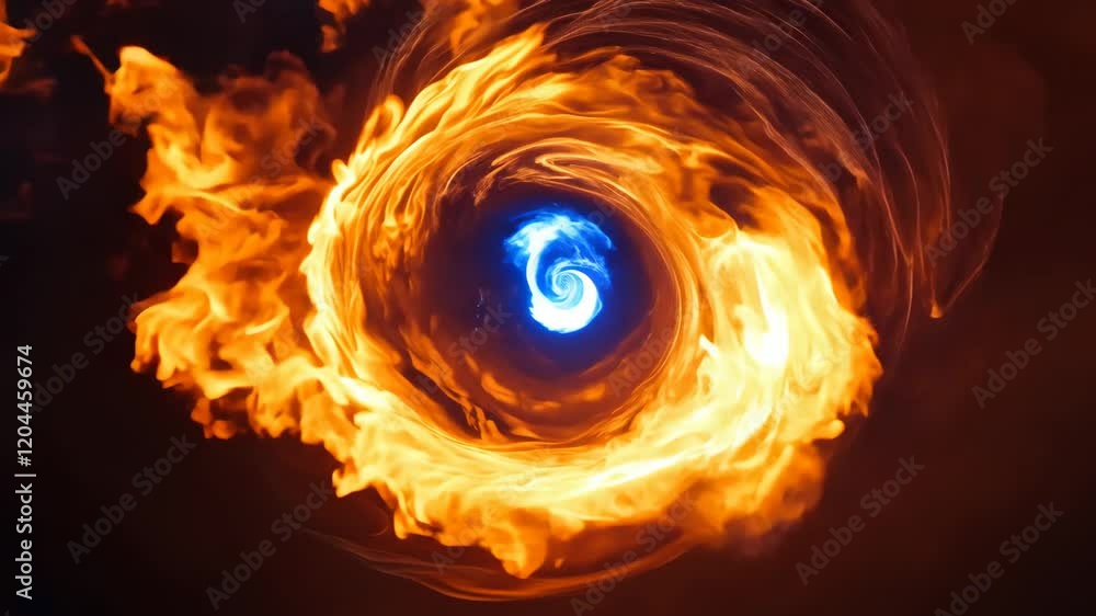 Poster fiery vortex with blue core against dark background creating dynamic energy swirl