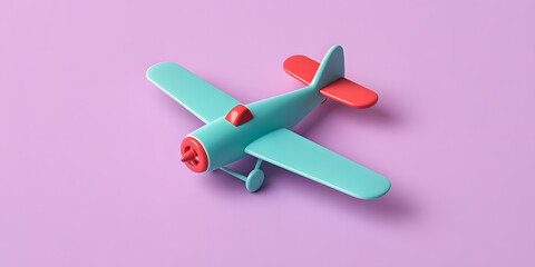 A teal and red toy airplane sits on a light purple background.  Perfect for travel, childhood, or aviation themes.