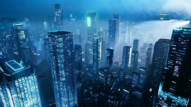 Futuristic urban skyline: illuminated megacity with neon-lit skyscrapers in misty night