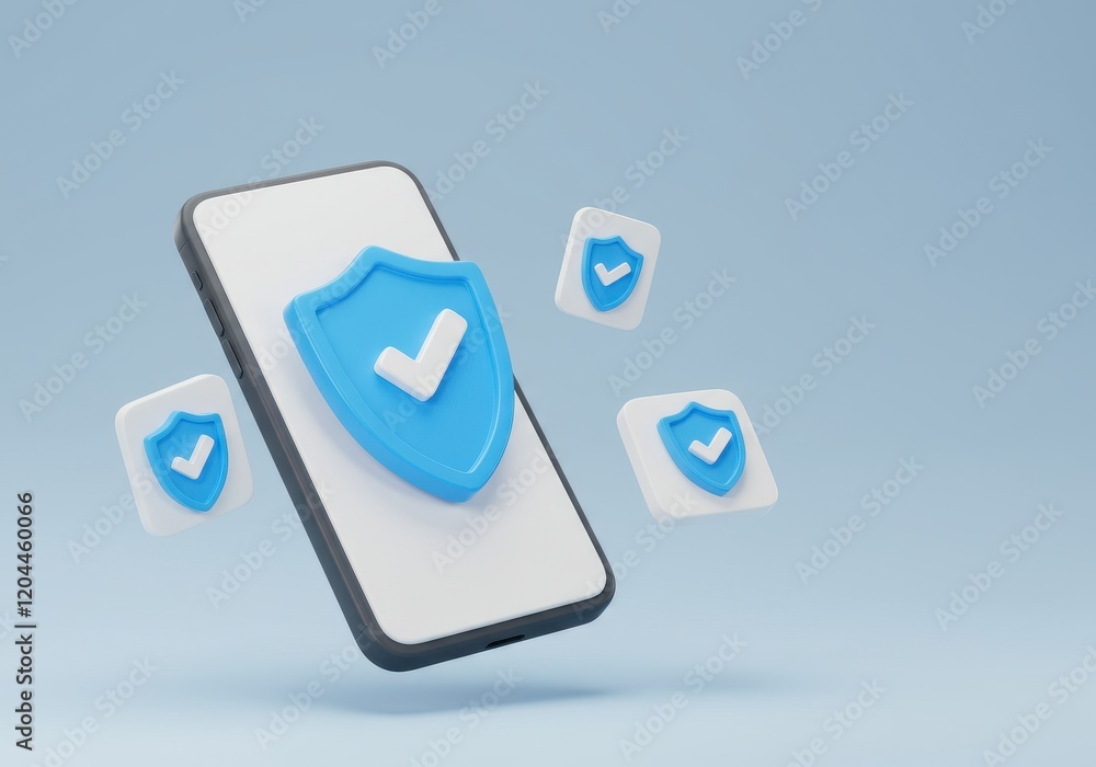 Poster a 3d illustration of a floating smartphone screen with a blue shield and a white checkmark in front,
