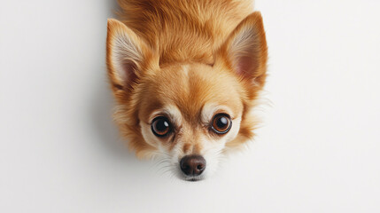 Obraz premium a small fluffy dog with tan and white fur lying down looking up with large round eyes on a clean white background 