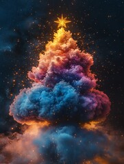 A nuclear mushroom cloud, the cloud is shaped like a colorful Christmas tree, there is a golden star at the top