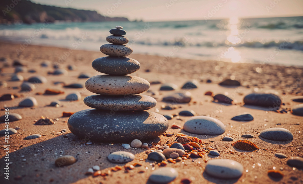 Aufkleber A stack of rocks on a beach. The rocks are arranged in a pyramid shape. The beach is calm and peaceful, with the sun setting in the background. The rocks are scattered around the beach, creating a