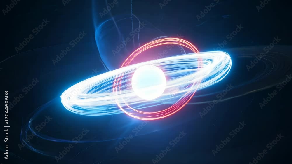 Poster glowing orb with dynamic light trails on black background