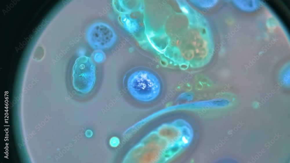 Aufkleber abstract microbial life forms with neon colors under microscope