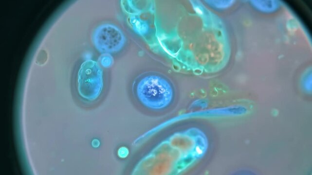 Abstract microbial life forms with neon colors under microscope