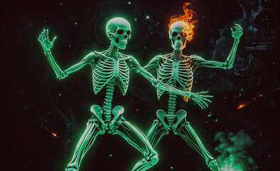 Two skeletons are dancing in the dark. The skeletons are green and have glowing bones. Scene is eerie and mysterious