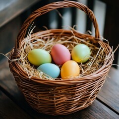 Obraz premium A brown wicker basket with handle. the basket is full of easter eggs and straw 