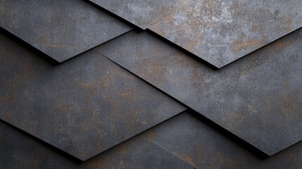 Close-up of a group of triangular-shaped tiles arranged in a diagonal pattern. the tiles are dark grey in color and have a rough, textured surface with visible cracks and peeling paint.
