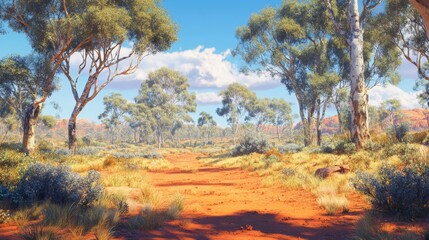A bright, sunny Australian Outback landscape with red earth, scattered bushes, and a few tall eucalyptus trees. 