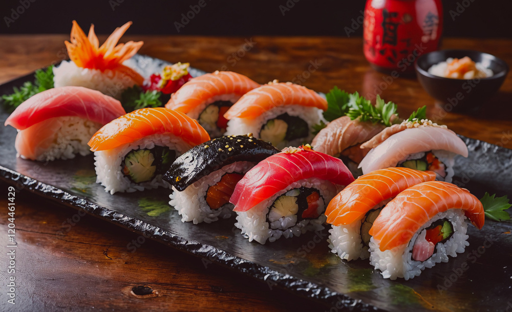 Aufkleber A tray of sushi with a variety of different colored fish. The sushi is arranged in a way that makes it look like a colorful and appetizing display