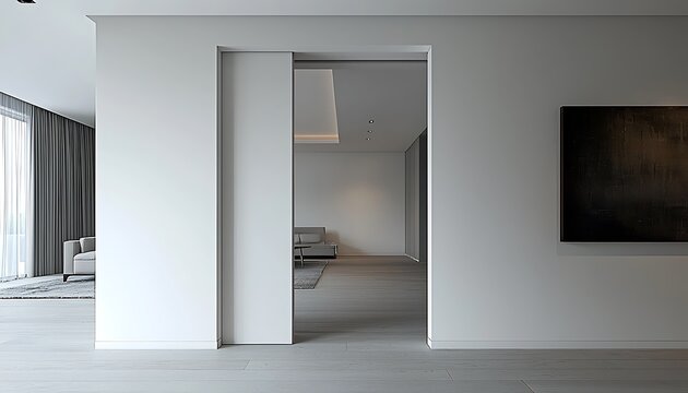A pocket door neatly embedded in a white plasterboard wall, sliding discreetly into place for a clean, modern finish.