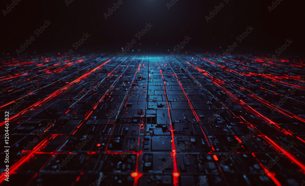 Poster a computer generated image of a city with red and blue lights. the image has a futuristic and indust