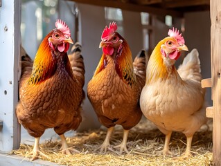Fototapeta premium Rustic Chicken Coop with Vibrant Feathered Residents in a Cozy Agricultural Setting