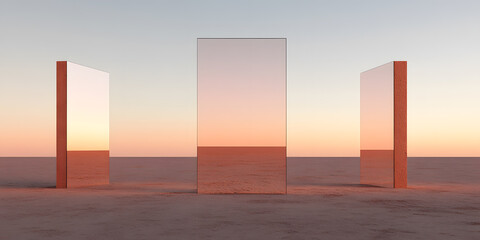 Three reflective panels stand in a desert landscape at sunset, mirroring the warm hues of the sky and ground.