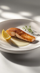 A seared salmon steak drizzled with lemon butter sauce on a dark stone plate, garnished with a lemon slice and rosemary, enhanced by soft side lighting that highlights the crispy edges 