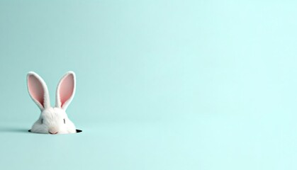 Obraz premium easter holiday concept white fluffy stuffed toy bunny rabbit ear on pastel blue background. Easter day celebration graphic resource 300dpi
