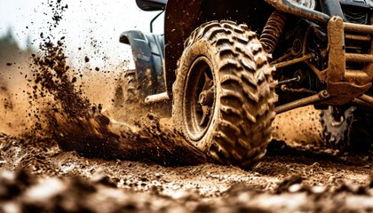 A close-up of an ATV tire as it churns through muddy terrain, embodying the excitement of off-road challenges.
