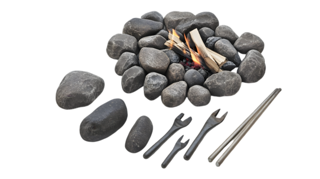 Campfire with Dark Grey Stones and Fire Tools on Transparent Bac - Powered by Adobe