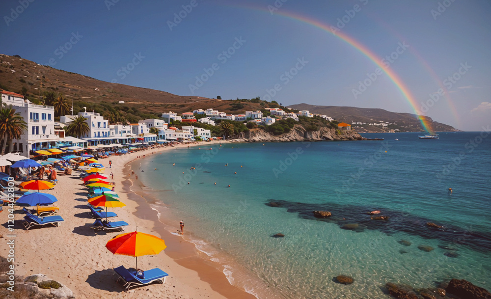 Aufkleber a beach with a rainbow in the sky and many umbrellas. scene is cheerful and relaxing