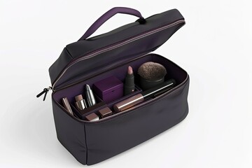 Purple Leather Makeup Bag Filled With Cosmetics