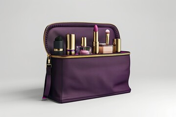 Purple cosmetic bag holds various makeup items