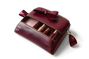 A burgundy leather cosmetic bag with makeup items inside