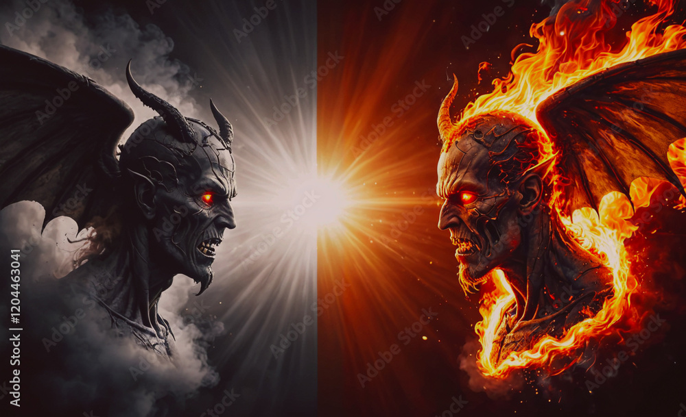 Poster two demonic looking figures with one having a red eye and the other having a black eye. the red eye 