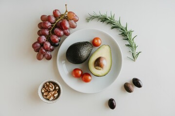 Healthy Food Flatlay: Avocado, Grapes, Rosemary, and Nuts