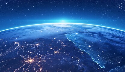 Fototapeta premium Earth from Space, Glowing City Lights on Half of the Planet, Dark Blue Sky, Nighttime Scene