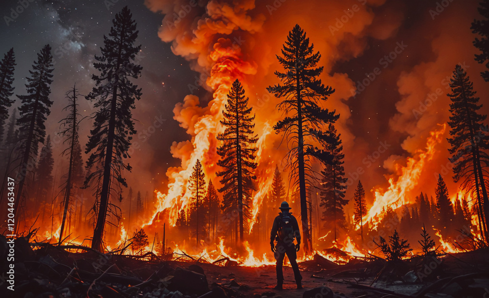 Poster A man stands in front of a forest fire. The fire is very large and is spreading quickly. The man is wearing a fireman's uniform and he is trying to put out the fire. Scene is tense and dangerous