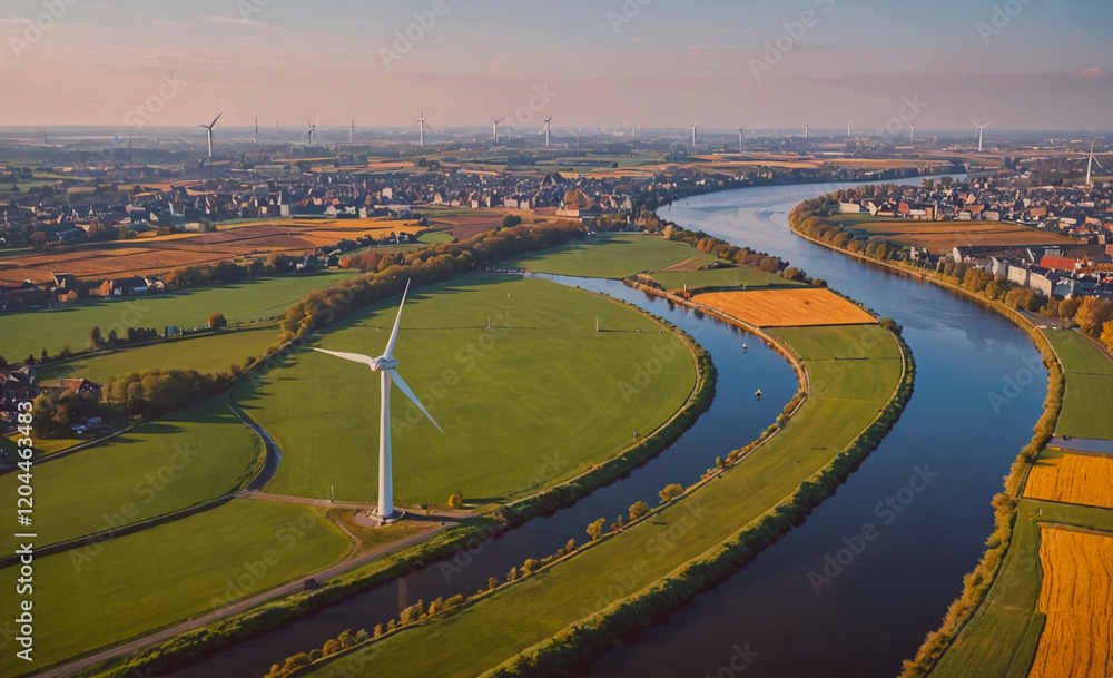 Fototapete a wind farm is visible in the distance, with a river running through the middle of the scene. the wi