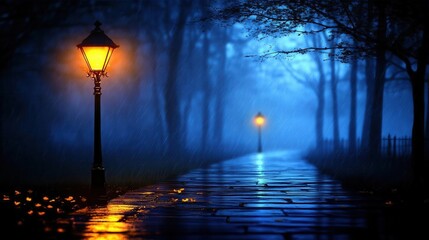 Rainy Night in the Park: A Serene Lamplight Scene