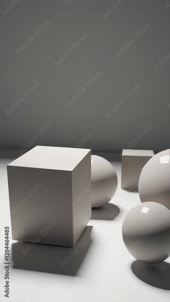 Poster minimalist arrangement of cubes and spheres on a bright surface, illuminated with soft directional l