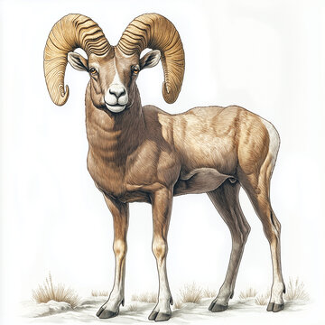 urial in front view, white background, mountain goat