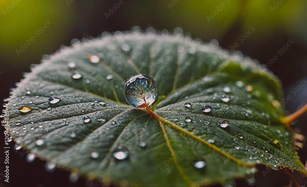 Poster a leaf with a drop of water on it. the water droplet is small and clear. the leaf is green and has a