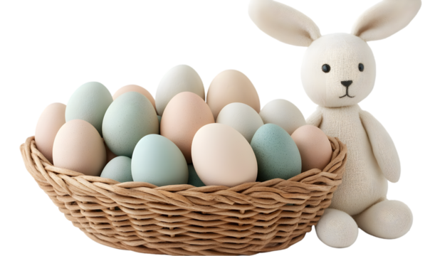 Charming Pastel Easter Eggs and Crocheted Bunny in Wicker Basket