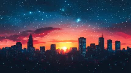 Illustration of a city skyline transitioning from a starry night sky to a warm sunset, combining urban elements with celestial events. Starry Horizon. Illustration