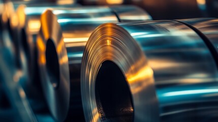 Gleaming steel rolls catch the golden light, displaying industrial precision and modern manufacturing in dazzling metallic beauty.